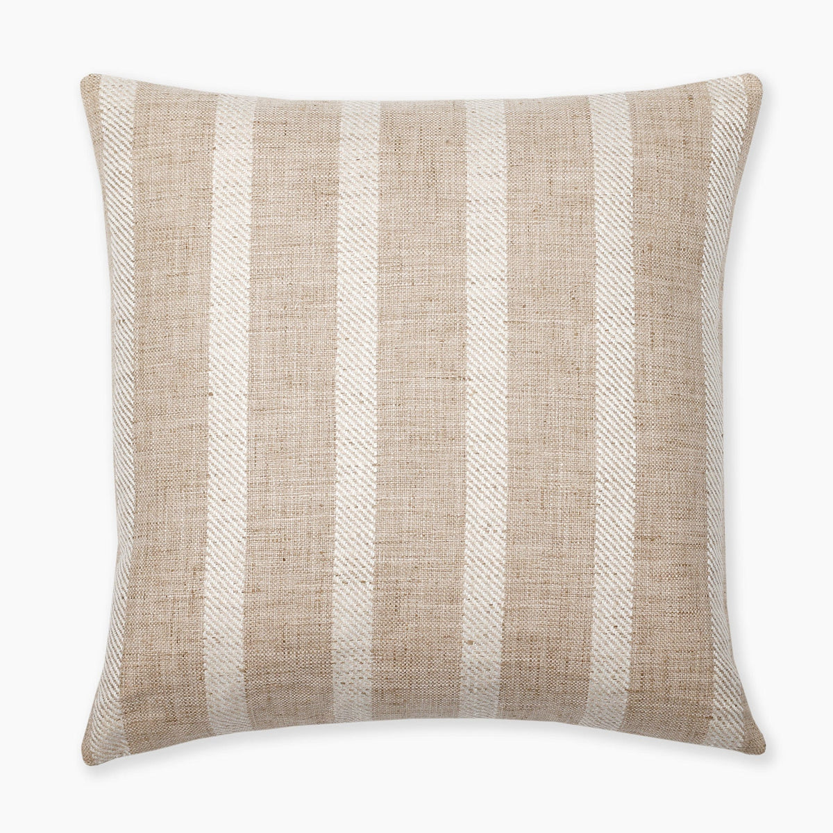 A square throw pillow with a beige fabric featuring vertical white stripes. The pillow has a textured appearance, adding a cozy and tactile dimension to its design. The pattern consists of evenly spaced stripes that give a simple yet classic look.