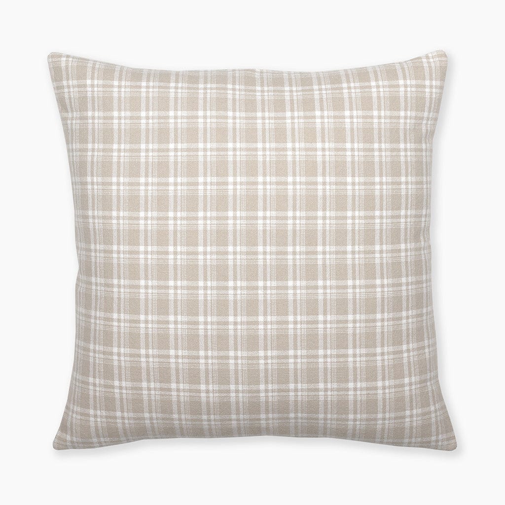 Colin and Finn&#39;s Copeland Pillow Cover showcased in a flat lay on a white background, featuring a subtle small plaid design in cream and taupe hues.