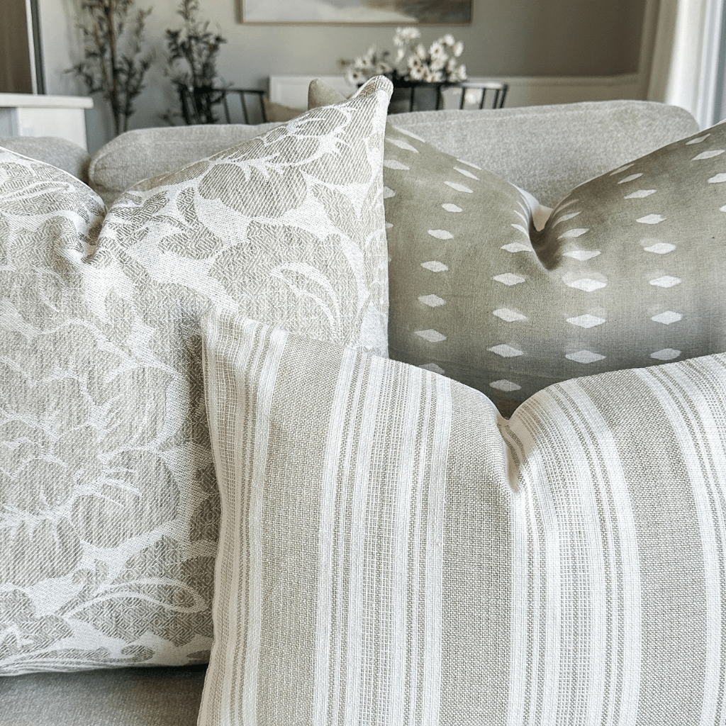 A close up of Delsi, Lee, and Odin Lumbar in the corner of a grey sofa