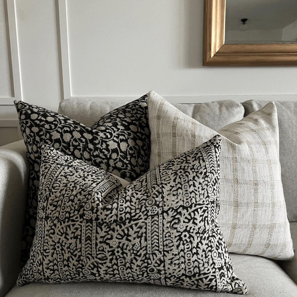 Block Print Throw Pillow Covers in Black and White Lumbar 