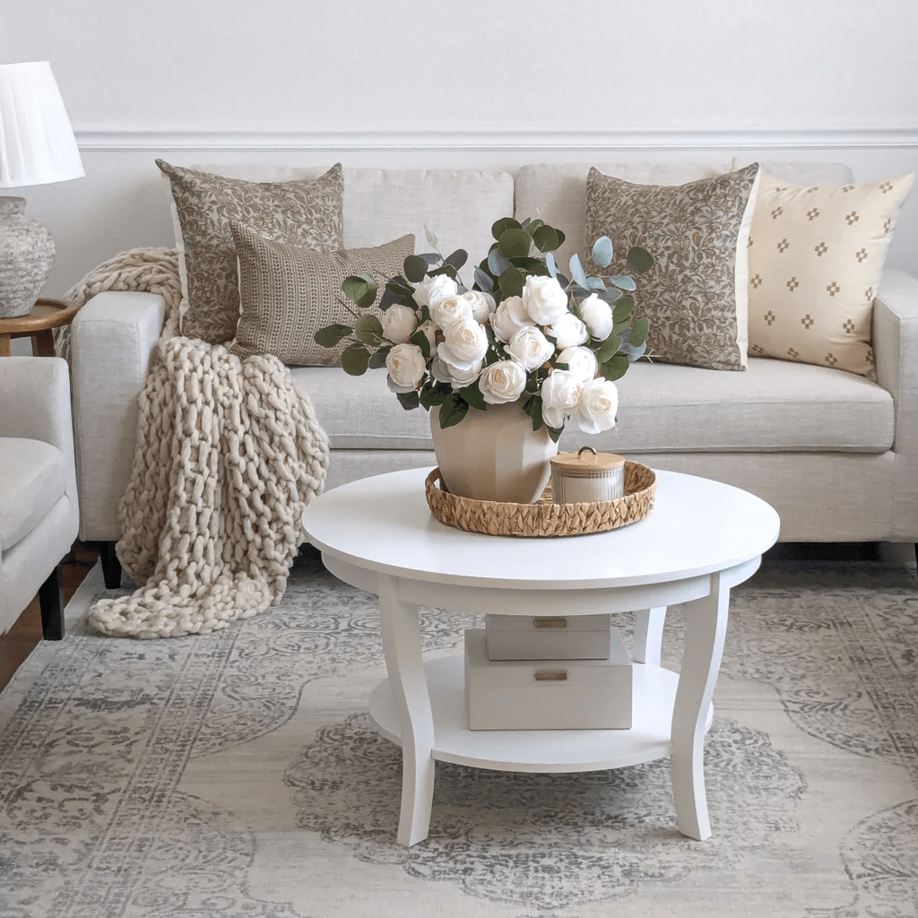 A cozy living room features a beige sofa with woven pillows and a knitted throw. A round white coffee table holds a basket with a vase of white roses and greenery. The space showcases a light, patterned rug and embraces the warmth of Thai cotton in its neutral color palette.