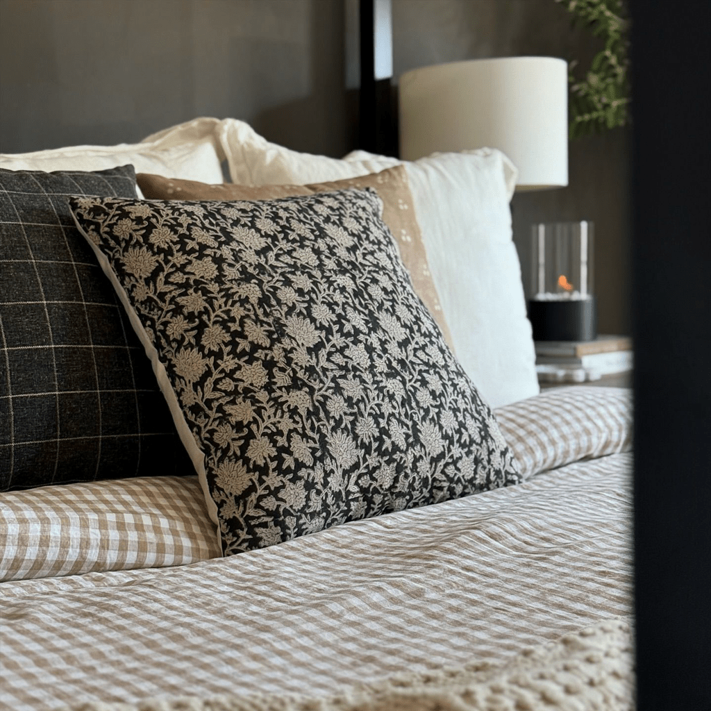 A neatly made bed with patterned cushions in a cozy bedroom showcases elegant home decor. Cushions feature floral, plaid, and solid designs, including a block-printed throw pillow cover with floral and vine patterns. A soft plaid blanket drapes the bed, with a lamp and decor item in the background.