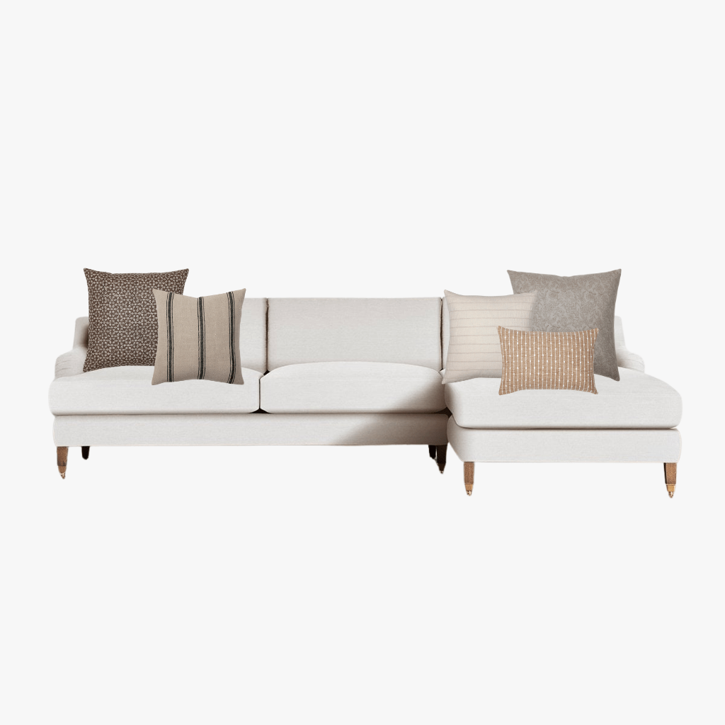 Graham Pillow Combo with Neville Mocha, Louise, Maverick, Logan, Bardot Lumbar on a Cream sofa