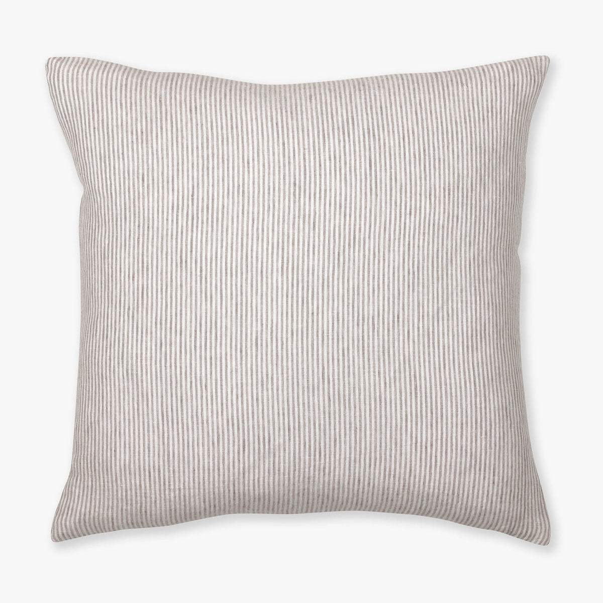 A taupe and ivory vertical stripped pillow cover with lots of small stripes, set on a white backdrop.