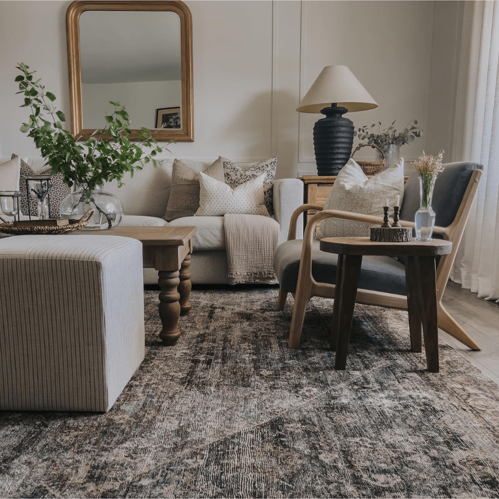 A living room with a side chair in the foreground with the Karina pillow and a beige couch in the background with the Neville Sand, Magnolia, and Elodie Lumbar pillows