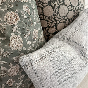 Overhead close-up view of Lenora, Callum, and Tobias lumbar pillows showing the intricate block printed detail and textures.