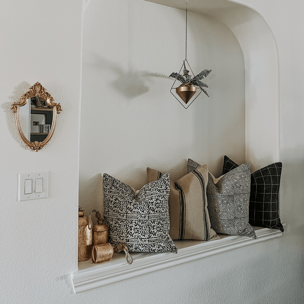 A cozy nook features a shelf with five decorative pillows, including a striped charcoal linen pillow cover, in various patterns and shades. A small, leafy plant in a hanging brass pot is suspended above. A vintage-style mirror and light switches adorn the adjacent wall.