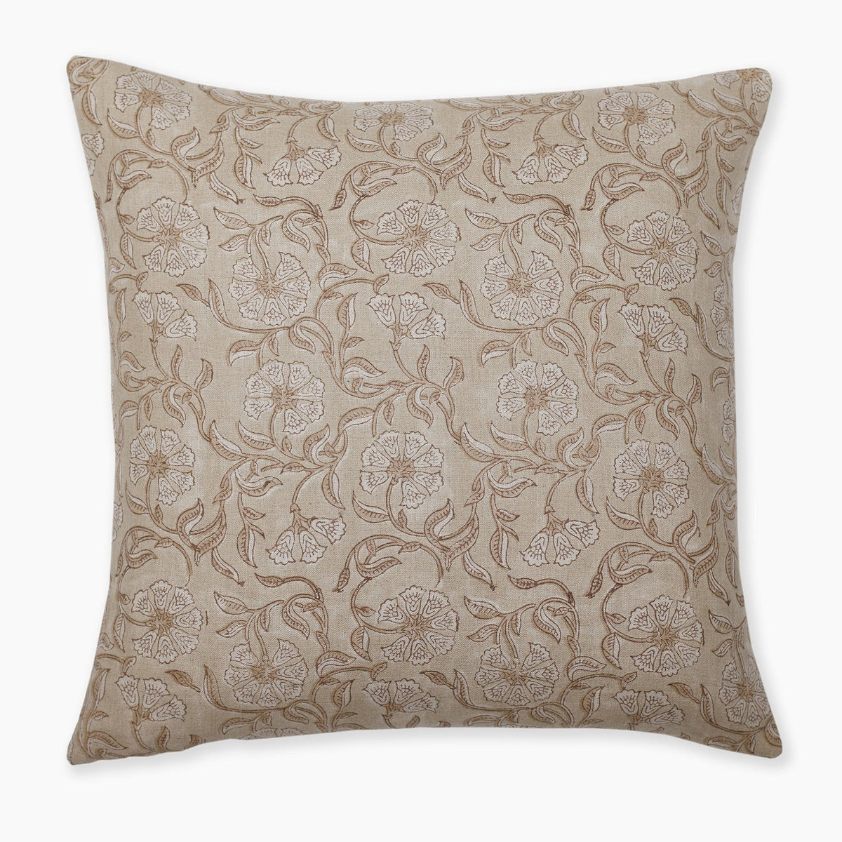 A square pillow cover with a beige background featuring an intricate floral pattern in light brown and white. The design includes vines and flowers, giving a delicate and elegant appearance to the cushion.