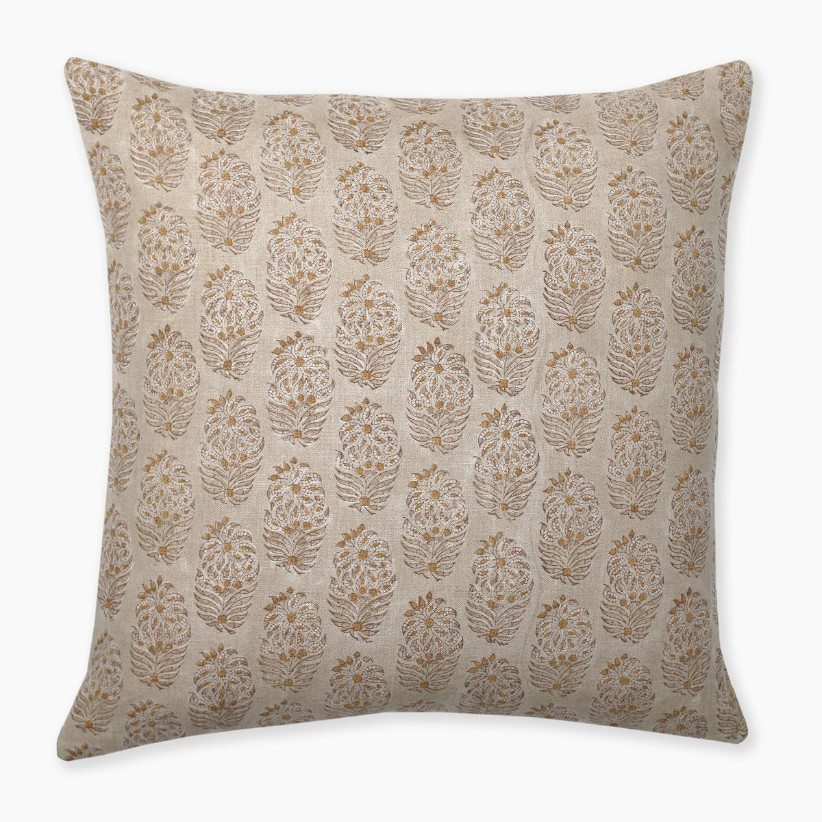 A square decorative throw pillow with a beige background features an intricate pattern of gold and beige floral motifs arranged in rows. The design is symmetrical and evenly spaced, giving it an elegant and classic appearance.