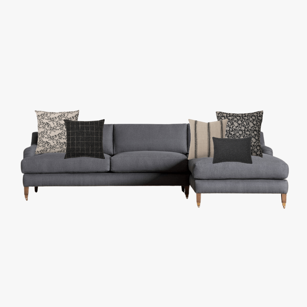 Silas Pillow Combo with Magnolia, Mavis, Felix, Maverick, and Onyx Lumbar on a dark sofa