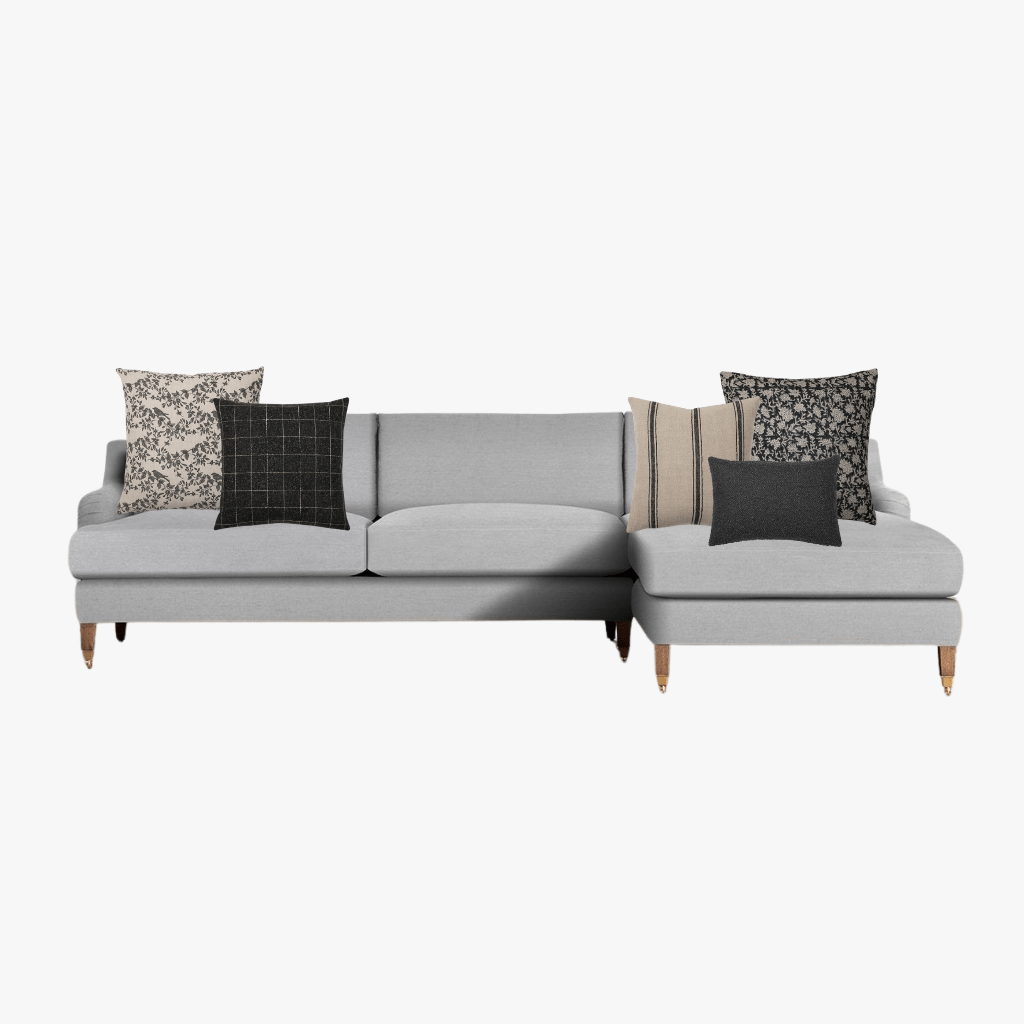 Silas Pillow Combo with Magnolia, Mavis, Felix, Maverick, and Onyx Lumbar on a gray sofa