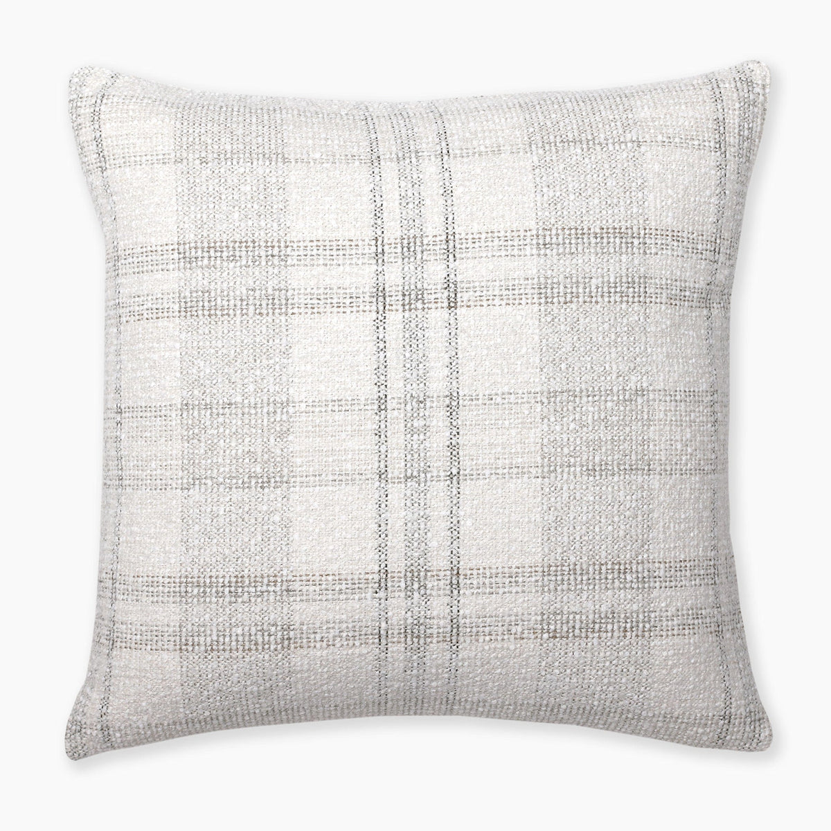 A square pillow cover with a neutral-toned plaid pattern featuring shades of white, beige, and light gray. The texture appears soft and slightly woven, suitable for decor in a living room or bedroom. The background is plain white.