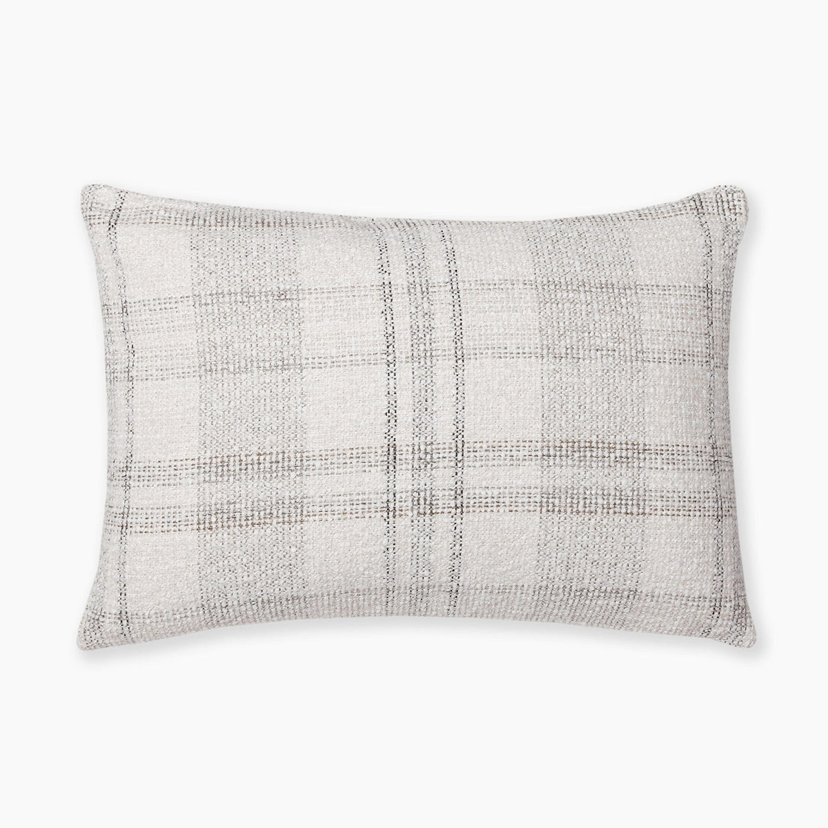 A rectangular pillow with a white and light brown plaid pattern. The fabric has a woven texture, and the design features large squares in a grid formation. The pillow appears soft and is placed against a plain white background.