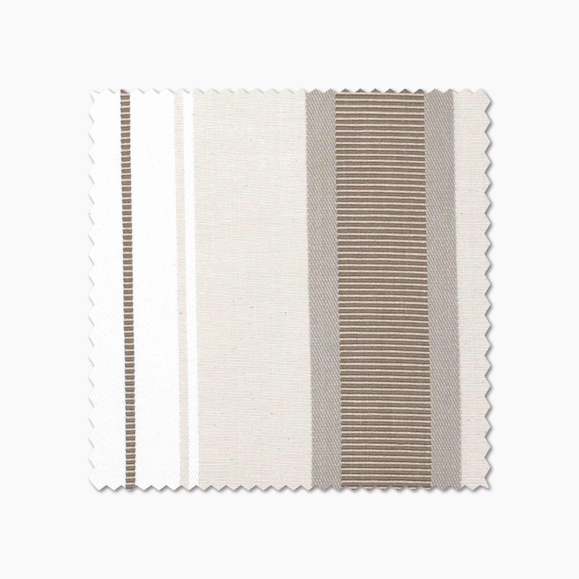 Charles fabric swatch from Colin and Finn. White, Cream, and Tan stripes