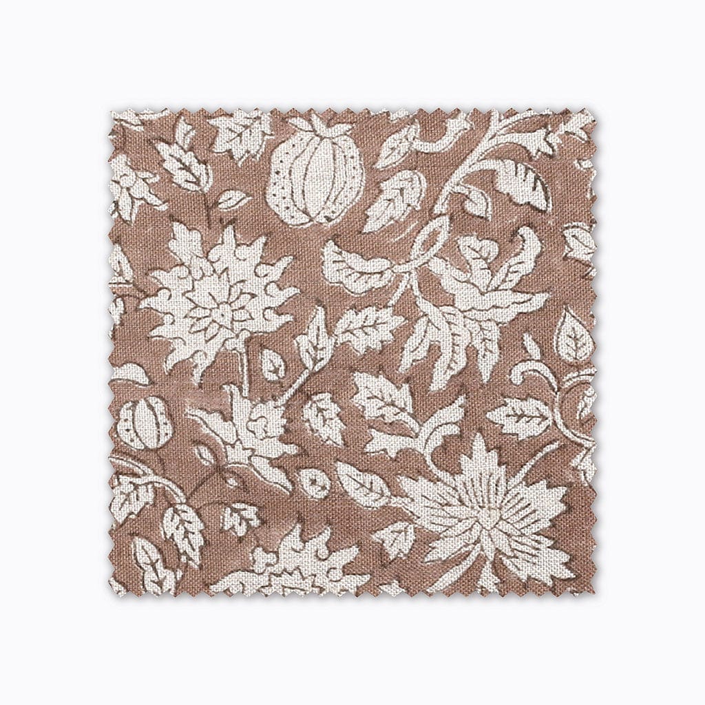 Eleanor in natural fabric swatch from Colin and Finn. A tan hand-block textile on natural linen