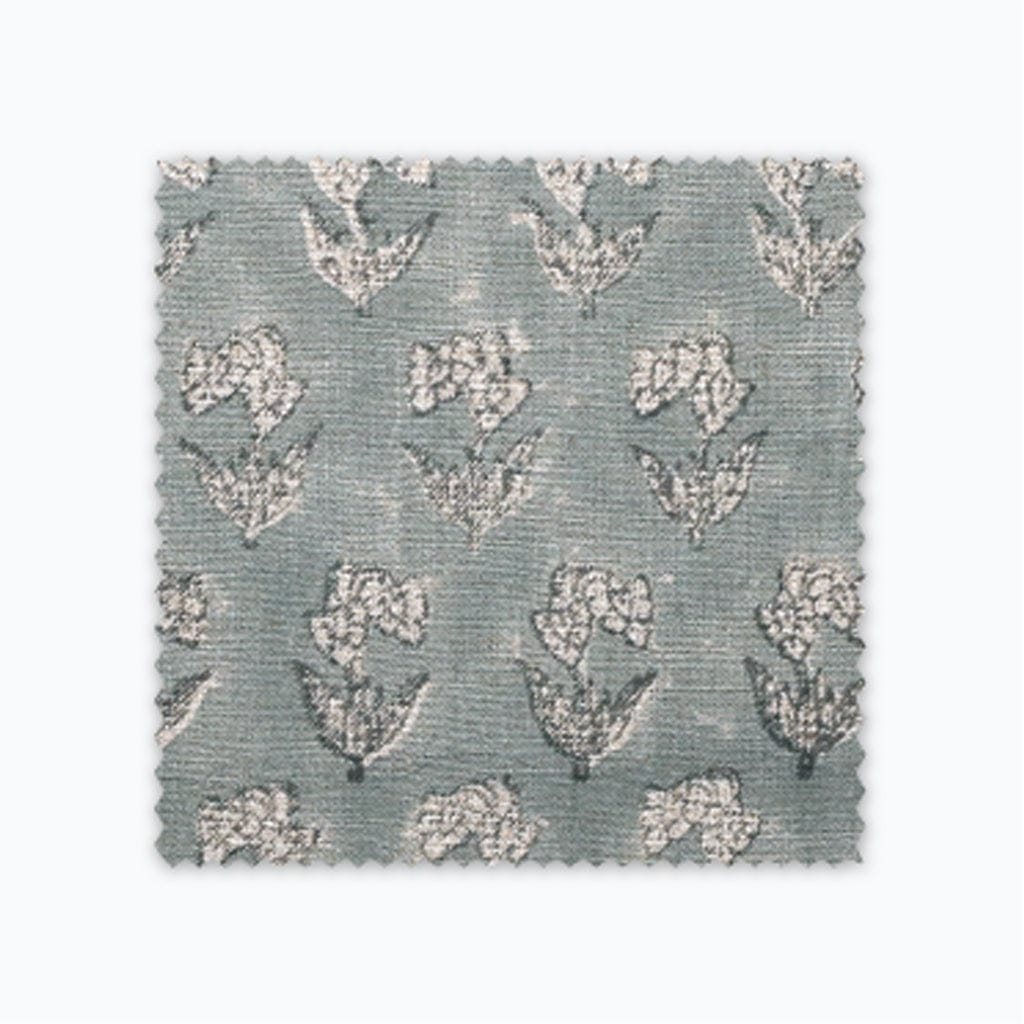 Eloise swatch showing blue gray linen and floral pattern.